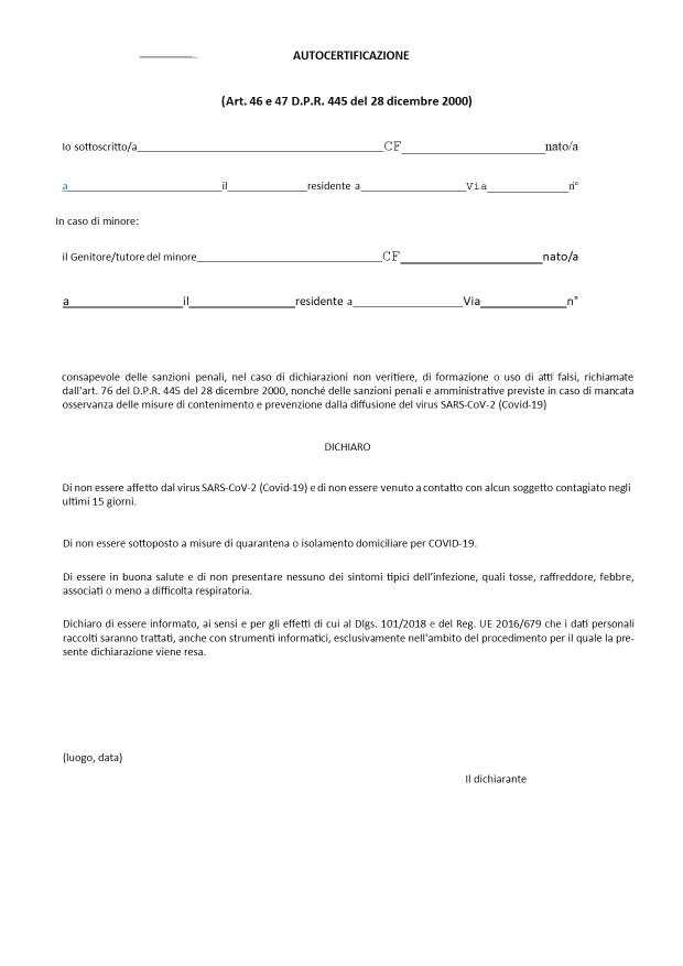 Autocertificazione covid